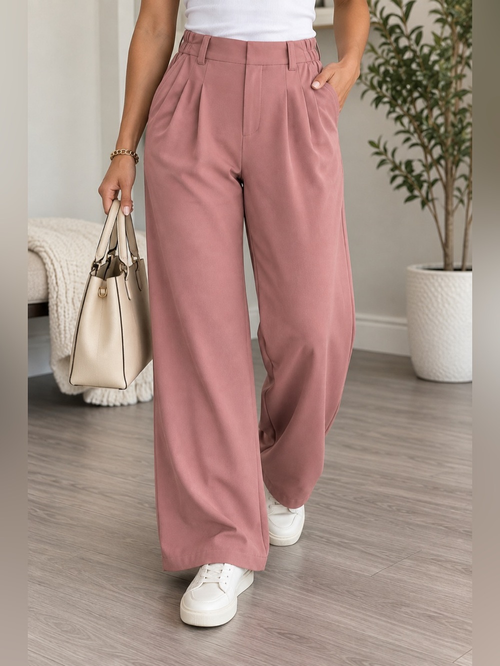 Halara S Petite Pink High Rise Wide Leg Pleated Pants